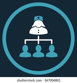 Nurse Clients Connections vector icon. Style is bicolor flat circled symbol, blue and white colors, rounded angles, dark blue background.