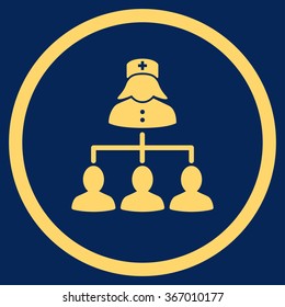 Nurse Clients Connections vector icon. Style is flat circled symbol, yellow color, rounded angles, blue background.