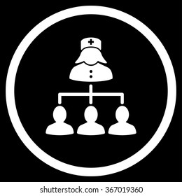 Nurse Clients Connections vector icon. Style is flat circled symbol, white color, rounded angles, black background.