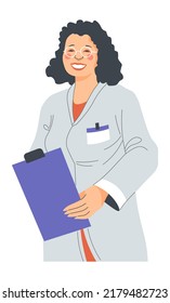 Nurse with clipboard containing diagnosis, isolated female character with paper clip. Doctor or practitioner, therapist professional medical staff from clinics or hospital. Vector in flat style