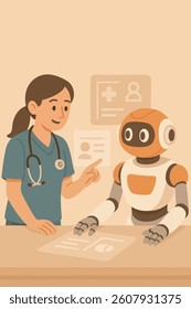 Nurse collaborating with robot in healthcare. AI-assisted medical technology for future hospitals. Flat cartoon style illustration