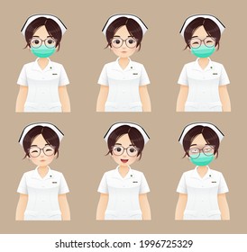 Nurse Collection, Cartoon Woman Doctor Or Nurse In White Uniform On Brown Background, Vector Illustration And Character Design