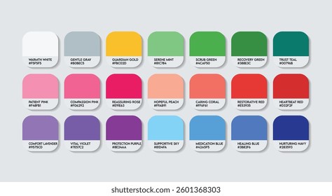 Nurse Color Guide Palette with Color Names. Catalog Sample of Assistant Nurse with RGB HEX codes and Names. Nurse Color Palette, clothes, metal, plastic, fashion trend healthy bright Color Palette