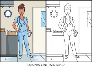 Nurse Coloring Page Colored Illustration