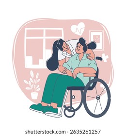 Nurse Comforting Patient in Wheelchair Flat Vector Illustration