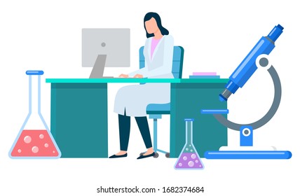 Krankenschwester kommuniziert mit dem Computer und recherchiert Flüssigkeit aus dem Kolben im Mikroskop. Doktorin, die mit Laptop arbeitet, am Desktop und bei der Diagnose. Bestandteil der Krankenversicherung in der Vektorillustration von Krankenhäusern