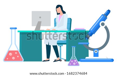 Nurse communicating with computer and researching liquid from flask in microscope. Doctor female working with laptop at desktop and diagnosing. Element of medical insurance in hospital vector