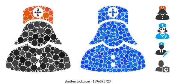Nurse composition of small circles in variable sizes and color hues, based on nurse icon. Vector small circles are combined into blue illustration. Dotted nurse icon in usual and blue versions.