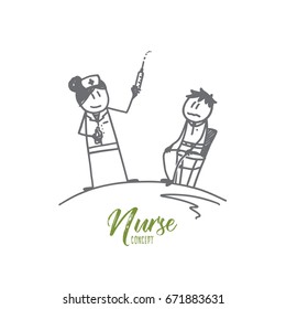 Nurse concept. Hand drawn female nurse with syringe and patient. Vaccination in hospital isolated vector illustration.