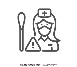 Nurse with Cotton swab line icon. Doctor assistant sign. Face protection symbol. Quality design element. Linear style nurse icon. Editable stroke. Vector