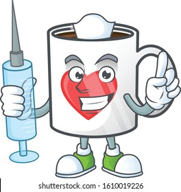 Nurse cup of coffee with heart cartoon character with a syringe