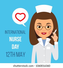 Nurse Day. Nurse is holding syringe in her hand. In bubble is heart icon. Illustration isolated of banner for International Nurse Day on white background in flat style.
