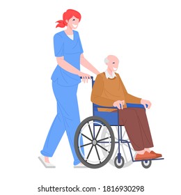 Nurse with disabled man in wheelchair. Disability people concept. Flat cartoon character woman and old man vector illustration.