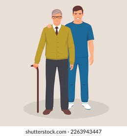 nurse with disabled old man, Volunteer, careful man caring for elderly man. Vector illustration