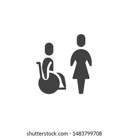Nurse and disabled patient vector icon. filled flat sign for mobile concept and web design. Nurse and handicapped man glyph icon. Symbol, logo illustration. Vector graphics