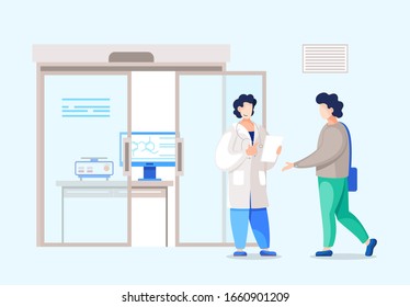 Nurse, doctor or administrator stand with patient at reception in hospital. Doctor consult person about diseases on his appointment Physician prescribe medication. Vector illustration of clinic