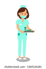 Nurse, Doctor Assistant Flat Vector Illustration. Woman in Uniform and Mask Holding Tray with Medications Cartoon Character. Hospital Employee, Female Medic. Nursing Occupation, Profession