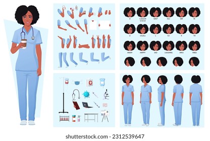 Nurse, Doctor Character Constructor with African American Woman, Face Expressions, Emotions, Hand Gestures, Poses and Medical Equipment