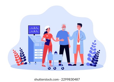 Nurse and doctor consulting senior man vector illustration. Cartoon drawing of elderly person at health check-up with medical professionals and equipment. Healthcare, elderly care, medicine concept