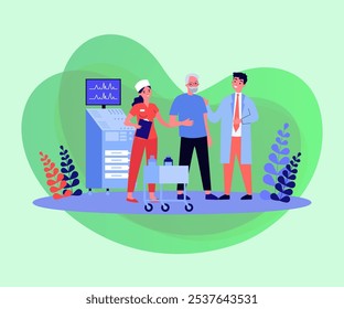 Nurse and doctor consulting senior man vector illustration. Cartoon drawing of elderly person at health check-up with medical professionals and equipment. Healthcare, elderly care, medicine concept