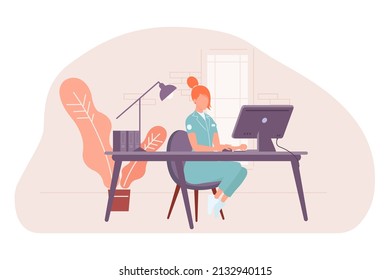 Nurse Or Doctor At Desk In Front Of Computer Doing Online Consultation. Vector Illustration.