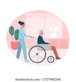 Nurse or Doctor Helping Disabled Elderly Man who is Sitting in Wheelchair, Healthcare Assistance Vector Illustration