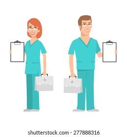 Nurse and doctor holding suitcase and smiling