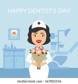 Nurse or doctor holds in his hands a bouquet of flowers.Dentist office, on the background of the dental chair. Vector in flat style.