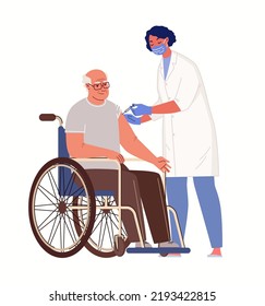 Nurse or doctor in latex gloves and medical protective mask inoculates elderly person in wheelchair using vaccine syringe. Concept of vaccination. Vector illustration. Flat cartoon characters.