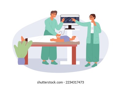 Nurse and doctor make ultrasound scan to woman patient. Female came to clinic for examination of abdominal cavity. Examine ill before treatment. Cartoon flat vector illustration