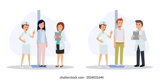 Nurse and doctor are measuring patients height in hospital.Flat vector cartoon character illustration.