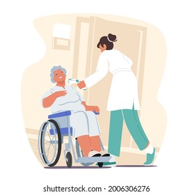 Nurse or Doctor Measuring Temperature to Elderly Woman Sitting at Wheelchair with Distant Thermometer during Coronavirus Pandemic. Senior Character Suffer of Fever. Cartoon People Vector Illustration