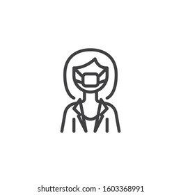 Nurse doctor with medical mask line icon. linear style sign for mobile concept and web design. Female Doctor character outline vector icon. Healthcare symbol, logo illustration. Vector graphics