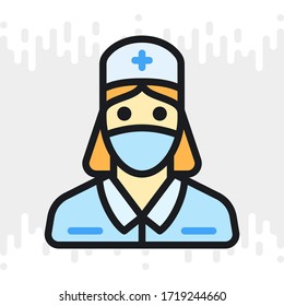 Nurse, doctor or medical staff icon. Young woman in medical mask and medical gown. Simple color version on light gray background