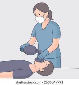 Enfermeira ou médica realizando ventilação manual com uma máscara de válvula de saco em um paciente inconsciente. Ilustração médica de estilo plano, cuidados de emergência e conceito de reanimação