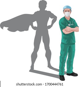 A nurse or doctor super hero in surgical or hospital scrubs uniform with a stethoscope around his neck and surgical mask PPE. Revealed as a superhero pose by the shape of their shadow.