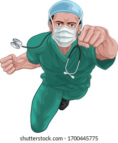 A nurse or doctor super hero in surgical or hospital scrubs uniform with a stethoscope around his neck wearing protective surgical mask PPE. Flying in a classic superhero pose.