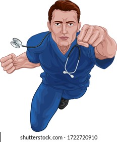 A nurse or doctor super hero in surgical or hospital scrubs uniform with a stethoscope around his neck. Flying in a classic superhero pose.