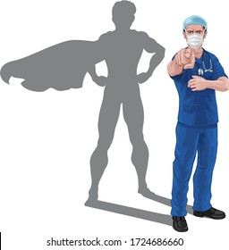 A nurse or doctor super hero in surgical or hospital scrubs with stethoscope and mask. Pointing at viewer in a we need or want you gesture. Revealed as a superhero by the shape of his shadow.