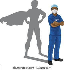 A Nurse Or Doctor Super Hero In Surgical Or Hospital Scrubs With Stethoscope And Mask PPE. With Arms Folded And Serious But Caring Look. Revealed As A Superhero By The Shape Of His Shadow.