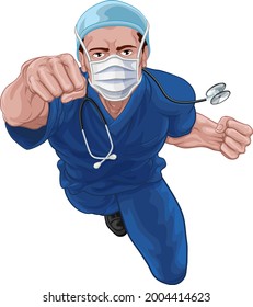 A nurse or doctor super hero in surgical or hospital scrubs uniform with a stethoscope around his neck wearing protective surgical mask PPE. Flying in a classic superhero pose.