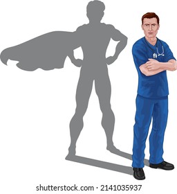 A nurse or doctor super hero in surgical or hospital scrubs uniform with a stethoscope around his neck. Revealed as a superhero pose by the shape of their shadow.