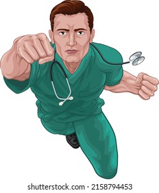 A nurse or doctor super hero in surgical or hospital scrubs uniform with a stethoscope around his neck. Flying in a classic superhero pose.