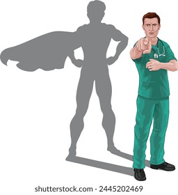 A nurse or doctor super hero in surgical or hospital scrubs with a stethoscope. Pointing at viewer in a we need or want you gesture. Revealed as a superhero by the shape of his shadow.