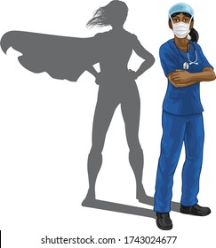 A nurse or doctor super hero woman in surgical or hospital scrubs with stethoscope and mask PPE. With arms folded and serious but caring look. Revealed as a superhero by the shape of her shadow.