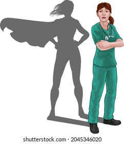 A nurse or doctor super hero woman in surgical or hospital scrubs. With arms folded and serious but caring look. Revealed as a superhero by the shape of her shadow.