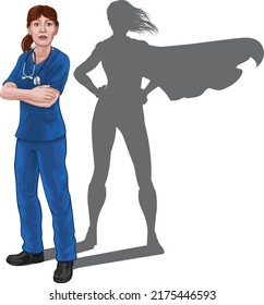 A nurse or doctor super hero woman in surgical or hospital scrubs. With arms folded and serious but caring look. Revealed as a superhero by the shape of her shadow.