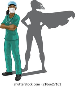 A nurse or doctor super hero woman in surgical or hospital scrubs with stethoscope and mask PPE. With arms folded and serious but caring look. Revealed as a superhero by the shape of her shadow.