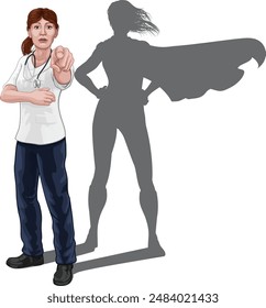 A nurse or doctor super hero woman in surgical or hospital scrubs. Pointing at viewer in a we need or want you gesture. Revealed as a superhero by the shape of her shadow.