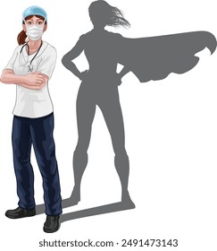 A nurse or doctor super hero woman in surgical or hospital scrubs with stethoscope and mask PPE. With arms folded and serious but caring look. Revealed as a superhero by the shape of her shadow.